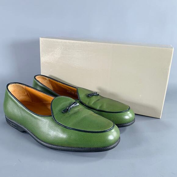 A.TESTONI Size 8 Green Black Contrast Stitch Leather Slip On Loafers